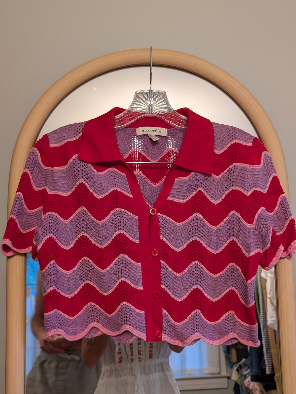 Another Girl Pink & Red Zigzag Knit Polo Crop Top